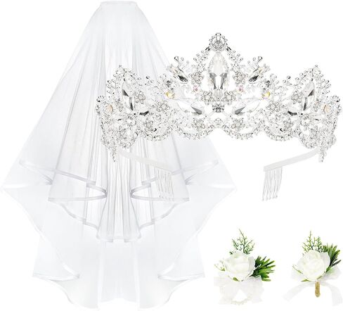 تاج زفاف للعروس، تاج فضي مع طرحة حفلة توديع العزوبية، طقم صدار وعروة، طرحة للعرائس، زينة شعر لحفلات الزفاف والخطوبة وحفلات توديع العزوبية in Kuwait