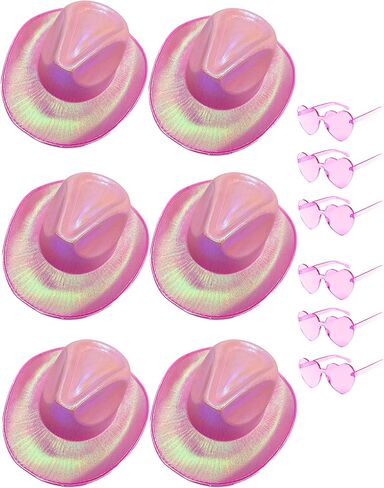 SHENYI 6 قطع قبعة راعية البقر الوردية مع 6 قطع نظارات شمسية على شكل قلب وردي، قبعة رعاة البقر الوردية اللامعة لحفلات الديسكو in Kuwait