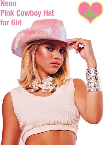 SHENYI 6 قطع قبعة راعية البقر الوردية مع 6 قطع نظارات شمسية على شكل قلب وردي، قبعة رعاة البقر الوردية اللامعة لحفلات الديسكو in Kuwait