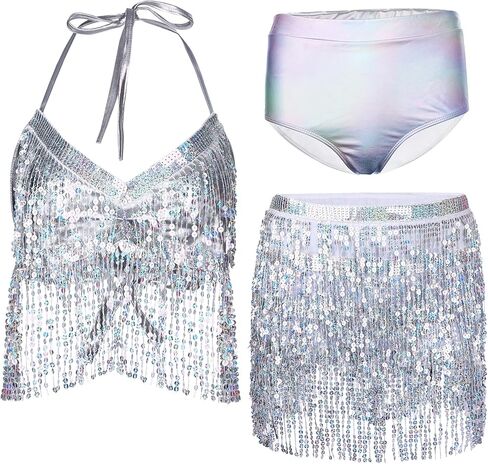 اوجو تنورة رقص شرقي بشراشيب مزينة بالترتر مع شورت وتنورة قصيرة بشراشيب وحمالة صدر وشورت معدني مزين بالترتر الفضي لحفلات الهالوين والحفلات الراقصة، ازياء الرقص الشرقي، فضي، مقاس واحد, فضي in Kuwait