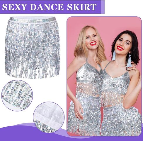 اوجو تنورة رقص شرقي بشراشيب مزينة بالترتر مع شورت وتنورة قصيرة بشراشيب وحمالة صدر وشورت معدني مزين بالترتر الفضي لحفلات الهالوين والحفلات الراقصة، ازياء الرقص الشرقي، فضي، مقاس واحد, فضي in Kuwait