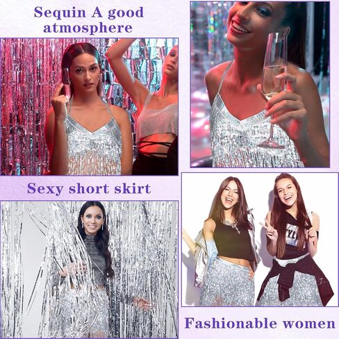 اوجو تنورة رقص شرقي بشراشيب مزينة بالترتر مع شورت وتنورة قصيرة بشراشيب وحمالة صدر وشورت معدني مزين بالترتر الفضي لحفلات الهالوين والحفلات الراقصة، ازياء الرقص الشرقي، فضي، مقاس واحد, فضي in Kuwait