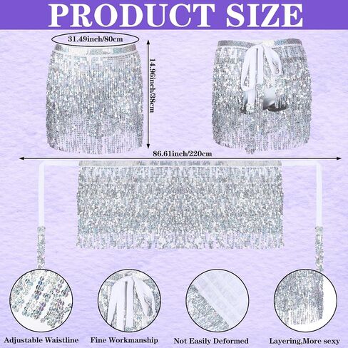 اوجو تنورة رقص شرقي بشراشيب مزينة بالترتر مع شورت وتنورة قصيرة بشراشيب وحمالة صدر وشورت معدني مزين بالترتر الفضي لحفلات الهالوين والحفلات الراقصة، ازياء الرقص الشرقي، فضي، مقاس واحد, فضي in Kuwait