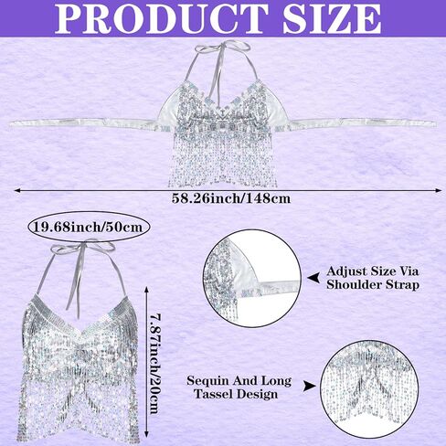 اوجو تنورة رقص شرقي بشراشيب مزينة بالترتر مع شورت وتنورة قصيرة بشراشيب وحمالة صدر وشورت معدني مزين بالترتر الفضي لحفلات الهالوين والحفلات الراقصة، ازياء الرقص الشرقي، فضي، مقاس واحد, فضي in Kuwait