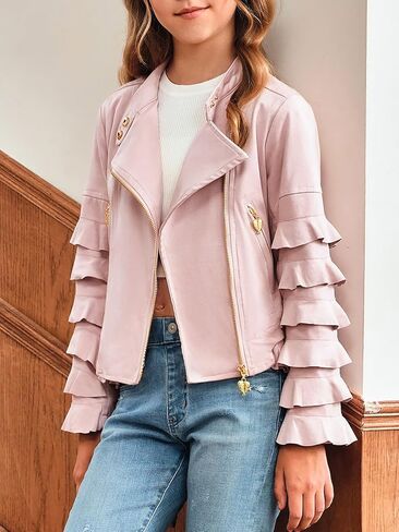 سترات rrhss للفتيات بأكمام متدرجة وسحاب قطري من الجلد الصناعي معاطف عصرية للأطفال مع جيوب من عمر 5 إلى 14 عامًا in Kuwait