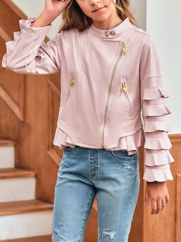 سترات rrhss للفتيات بأكمام متدرجة وسحاب قطري من الجلد الصناعي معاطف عصرية للأطفال مع جيوب من عمر 5 إلى 14 عامًا in Kuwait