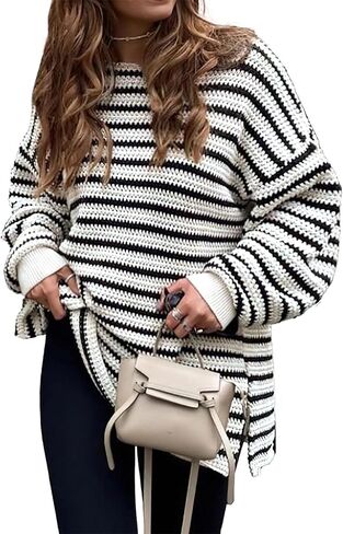 Dokotoo Sweaters for Women Crewneck Long Sleeve Striped Color Block Loose Knit Pullover Sweater Tops in Kuwait