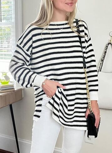 Dokotoo Sweaters for Women Crewneck Long Sleeve Striped Color Block Loose Knit Pullover Sweater Tops in Kuwait