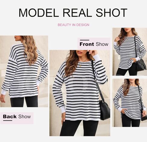 Dokotoo Sweaters for Women Crewneck Long Sleeve Striped Color Block Loose Knit Pullover Sweater Tops in Kuwait