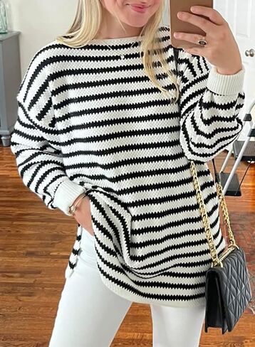 Dokotoo Sweaters for Women Crewneck Long Sleeve Striped Color Block Loose Knit Pullover Sweater Tops in Kuwait
