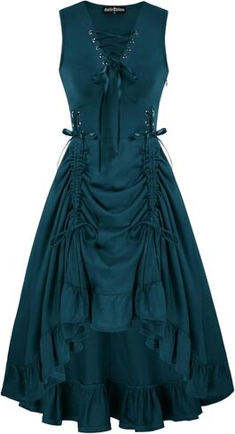 Scarlet Darkness Renaissance Faire Costume Women Lace Up Ruffled Sleeveless High Low Dress Pirate Costume in Saudi Arabia