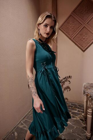 Scarlet Darkness Renaissance Faire Costume Women Lace Up Ruffled Sleeveless High Low Dress Pirate Costume in Saudi Arabia