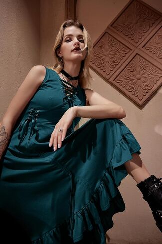 Scarlet Darkness Renaissance Faire Costume Women Lace Up Ruffled Sleeveless High Low Dress Pirate Costume in Saudi Arabia
