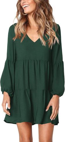 FOWSMON Women's Tunic Dress Cute Printed V Neck Long Sleeve Casual Swing Ruffle Dress in Saudi Arabia