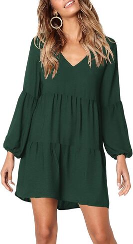 FOWSMON Women's Tunic Dress Cute Printed V Neck Long Sleeve Casual Swing Ruffle Dress in Saudi Arabia