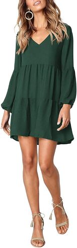 FOWSMON Women's Tunic Dress Cute Printed V Neck Long Sleeve Casual Swing Ruffle Dress in Saudi Arabia