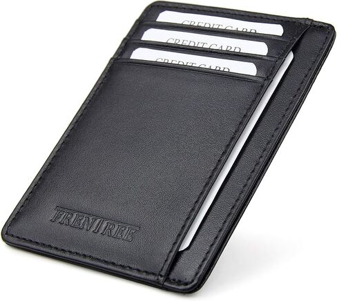 حامل بطاقات جلدي رفيع للغاية مع حماية من تحديد الهوية بموجات الراديو ونافذة عرض، محفظة بسيطة لبطاقات الائتمان والعملات النقدية من فرينتري®, أسود, مُبسط in Kuwait