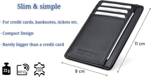حامل بطاقات جلدي رفيع للغاية مع حماية من تحديد الهوية بموجات الراديو ونافذة عرض، محفظة بسيطة لبطاقات الائتمان والعملات النقدية من فرينتري®, أسود, مُبسط in Kuwait