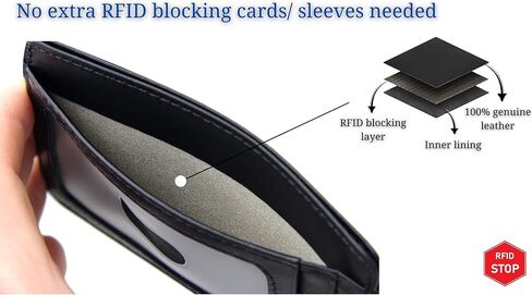 حامل بطاقات جلدي رفيع للغاية مع حماية من تحديد الهوية بموجات الراديو ونافذة عرض، محفظة بسيطة لبطاقات الائتمان والعملات النقدية من فرينتري®, أسود, مُبسط in Kuwait