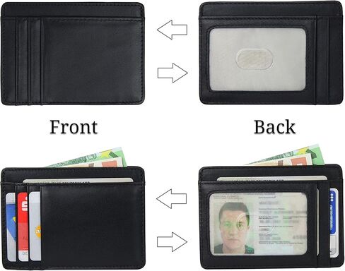 حامل بطاقات جلدي رفيع للغاية مع حماية من تحديد الهوية بموجات الراديو ونافذة عرض، محفظة بسيطة لبطاقات الائتمان والعملات النقدية من فرينتري®, أسود, مُبسط in Kuwait