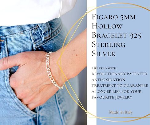 Italian Silver Bracelet Figaro Chain Links 5mm 925 Sterling | Women Teen Girls/Men | Hollow/Ultra Light/Trendy | UNIQUE PATENTED PROTECTIVE TREATMENT-NO BLACK OXIDATION | 4 Different Sizes | Lobster Clasp | Gift Box | Made in Italy | Tiramisu Jewelry in Kuwait