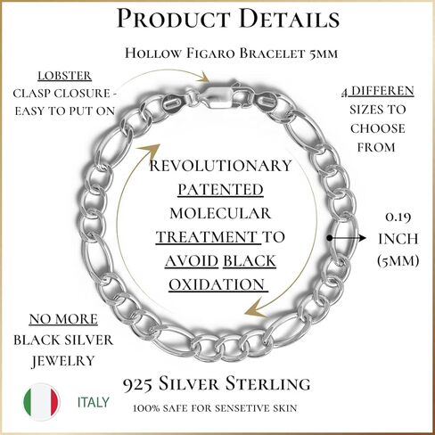 Italian Silver Bracelet Figaro Chain Links 5mm 925 Sterling | Women Teen Girls/Men | Hollow/Ultra Light/Trendy | UNIQUE PATENTED PROTECTIVE TREATMENT-NO BLACK OXIDATION | 4 Different Sizes | Lobster Clasp | Gift Box | Made in Italy | Tiramisu Jewelry in Kuwait