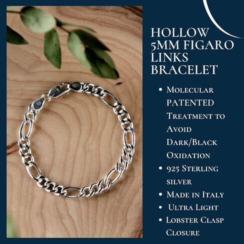 Italian Silver Bracelet Figaro Chain Links 5mm 925 Sterling | Women Teen Girls/Men | Hollow/Ultra Light/Trendy | UNIQUE PATENTED PROTECTIVE TREATMENT-NO BLACK OXIDATION | 4 Different Sizes | Lobster Clasp | Gift Box | Made in Italy | Tiramisu Jewelry in Kuwait