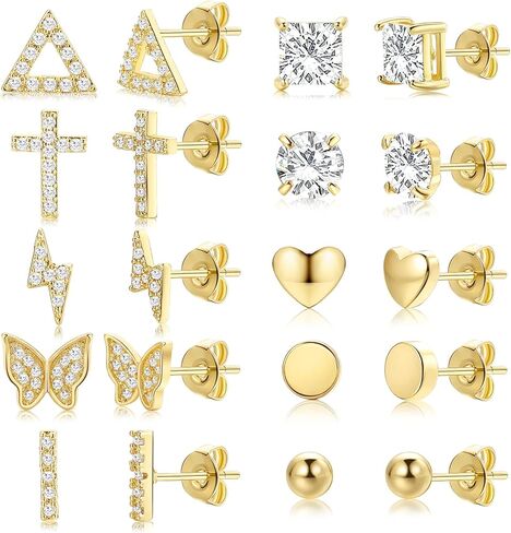 10 Pairs Gold Cross Stud Earrings Set for Women Girls, 14K Gold Plated Hypoallergenic Cubic Zirconia Triangle/Heart/Bar Studs Earrings for Gifts in Kuwait