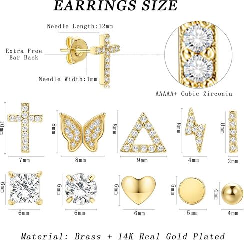 10 Pairs Gold Cross Stud Earrings Set for Women Girls, 14K Gold Plated Hypoallergenic Cubic Zirconia Triangle/Heart/Bar Studs Earrings for Gifts in Kuwait