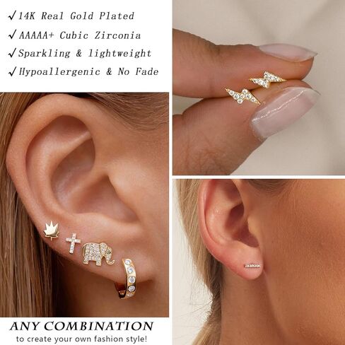 10 Pairs Gold Cross Stud Earrings Set for Women Girls, 14K Gold Plated Hypoallergenic Cubic Zirconia Triangle/Heart/Bar Studs Earrings for Gifts in Kuwait