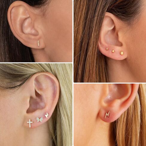 10 Pairs Gold Cross Stud Earrings Set for Women Girls, 14K Gold Plated Hypoallergenic Cubic Zirconia Triangle/Heart/Bar Studs Earrings for Gifts in Kuwait