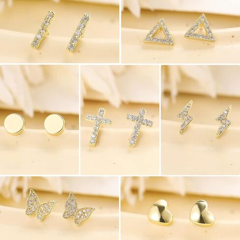 10 Pairs Gold Cross Stud Earrings Set for Women Girls, 14K Gold Plated Hypoallergenic Cubic Zirconia Triangle/Heart/Bar Studs Earrings for Gifts in Kuwait