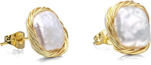 Cowlyn Pearl Stud Earrings Real Baroque Cultured 18K Gold Wrapped Silk Handmade Hypoallergenic Jewelry for Women 0.6" x0.6" in Saudi Arabia