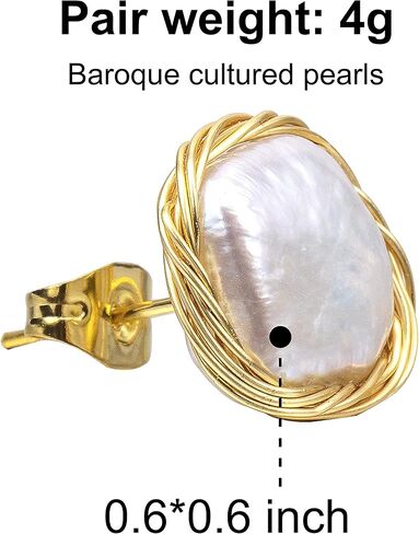 Cowlyn Pearl Stud Earrings Real Baroque Cultured 18K Gold Wrapped Silk Handmade Hypoallergenic Jewelry for Women 0.6" x0.6" in Saudi Arabia