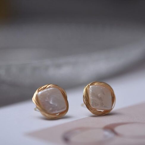 Cowlyn Pearl Stud Earrings Real Baroque Cultured 18K Gold Wrapped Silk Handmade Hypoallergenic Jewelry for Women 0.6" x0.6" in Saudi Arabia