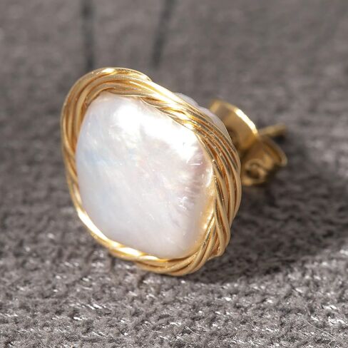 Cowlyn Pearl Stud Earrings Real Baroque Cultured 18K Gold Wrapped Silk Handmade Hypoallergenic Jewelry for Women 0.6" x0.6" in Saudi Arabia