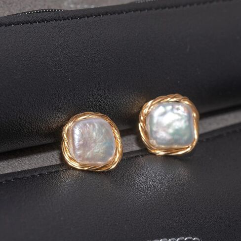 Cowlyn Pearl Stud Earrings Real Baroque Cultured 18K Gold Wrapped Silk Handmade Hypoallergenic Jewelry for Women 0.6" x0.6" in Saudi Arabia