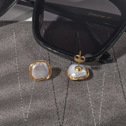 Cowlyn Pearl Stud Earrings Real Baroque Cultured 18K Gold Wrapped Silk Handmade Hypoallergenic Jewelry for Women 0.6" x0.6" in Saudi Arabia