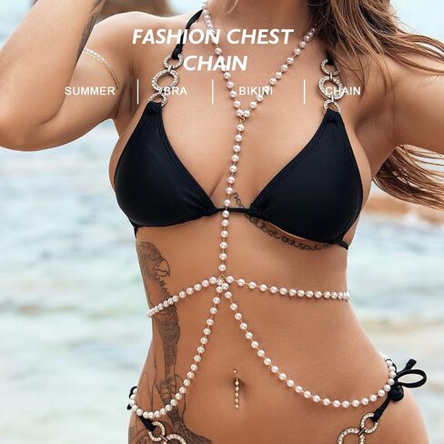 Reetan Pearl Body Chain Layered Chest Chain Rave Party Bra Chain Fashion Body Jewelry for Women and Girls in Saudi Arabia