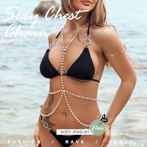 Reetan Pearl Body Chain Layered Chest Chain Rave Party Bra Chain Fashion Body Jewelry for Women and Girls in Saudi Arabia
