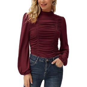 GRACE KARIN Womens Long Lantern Sleeve High-Neck Ruched Front Fitted Blouse