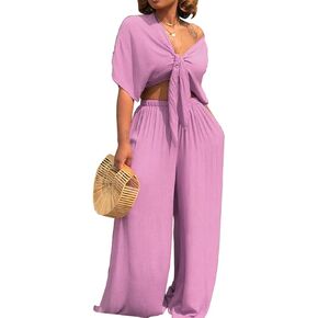 AEL Womens Sexy Tie Crop Top Wide Leg Long Pants 2 Piece Outfits Summer Short Sleeve Jumpsuits Set in Saudi Arabia