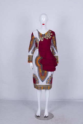 فستان Iooiooi نسائي طويل الأكمام بطباعة Dashiki الأفريقية وتفاصيل مكشكشة in Kuwait