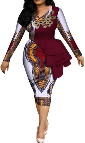 فستان Iooiooi نسائي طويل الأكمام بطباعة Dashiki الأفريقية وتفاصيل مكشكشة in Kuwait