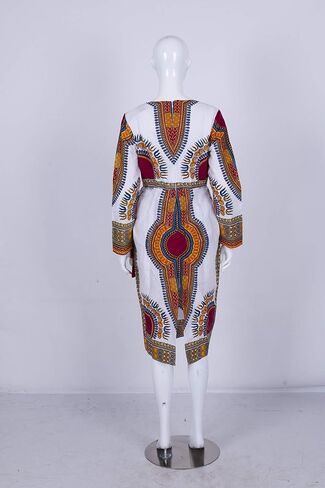 فستان Iooiooi نسائي طويل الأكمام بطباعة Dashiki الأفريقية وتفاصيل مكشكشة in Kuwait