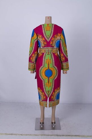 فستان Iooiooi نسائي طويل الأكمام بطباعة Dashiki الأفريقية وتفاصيل مكشكشة in Kuwait
