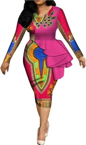 فستان Iooiooi نسائي طويل الأكمام بطباعة Dashiki الأفريقية وتفاصيل مكشكشة in Kuwait