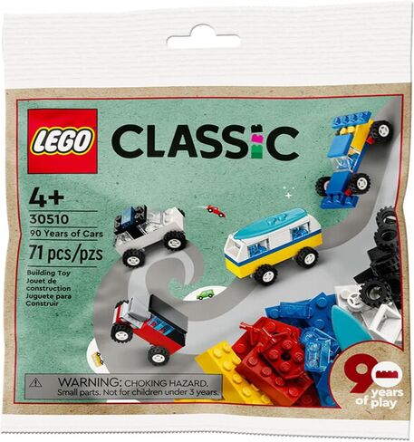LEGO Classic 30510 90 Years of Cars 71 Piece Iconic Cars Toy Set Polybag with 4 Mini Build Cars for Builders Aged 4 and Up, Multicolor in Saudi Arabia