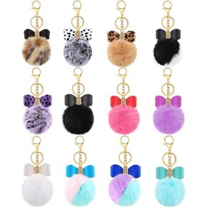 Hicarer 12 Pieces Fluffy Pom Pom Keychain Bulk Bow Rhinestone Faux Pompoms Keyring for Girls Women Bags Craft, 12 Colors