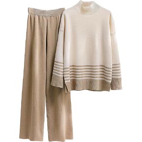 Freyhem 2 قطعة ملابس للنساء كم طويل متماسكة جردت Crewneck سترة صوفية واسعة الساق السراويل صالة مجموعة in Kuwait